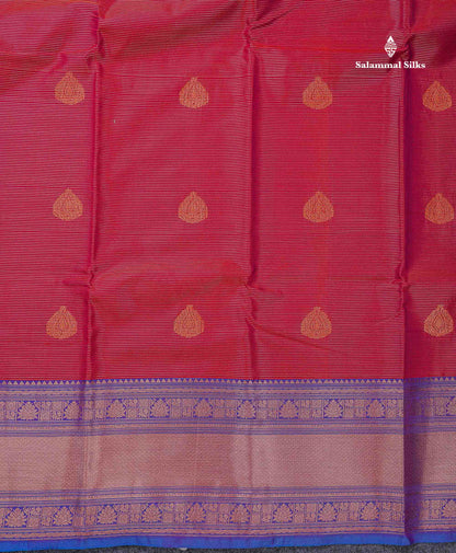 Beautiful Maroon Vaira Oosi Lines With Butta Semi Silk Saree With Contrast Dual Tone Blue Evening Morning Border
