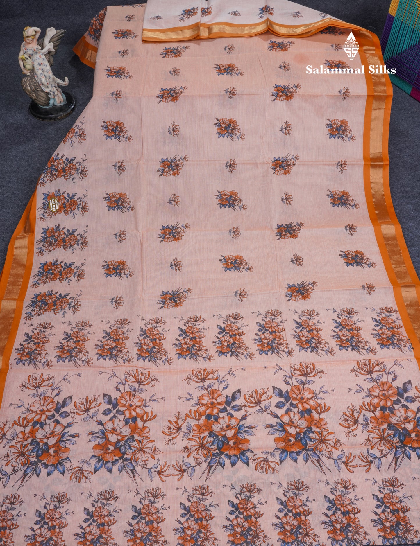 Light Elaichi Green Printed Pure Cotton Saree With Contrast Parrot Green Small Border