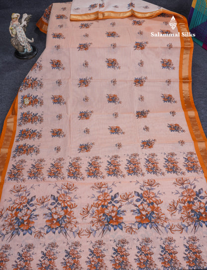 Light Elaichi Green Printed Pure Cotton Saree With Contrast Parrot Green Small Border