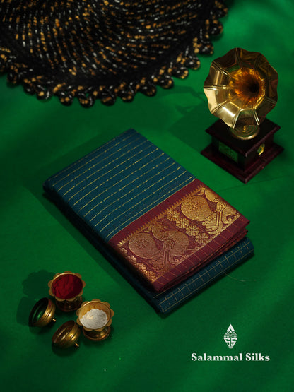 Beautiful Dark Bottle Green Traditional Checks Chettinad Pure Cotton Saree With Maroon Border