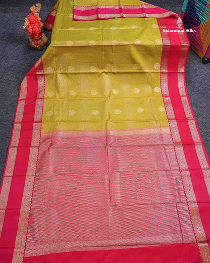 Beautiful Manthulir Yellow Alai Vaira Oosi Lines With Butta Semi Silk Saree With Contrast Pink Traditional Gap Border