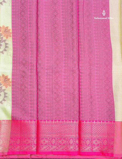Kota Cotton Fancy Saree - Light Yellow Colour Body With Contrast Pink Border