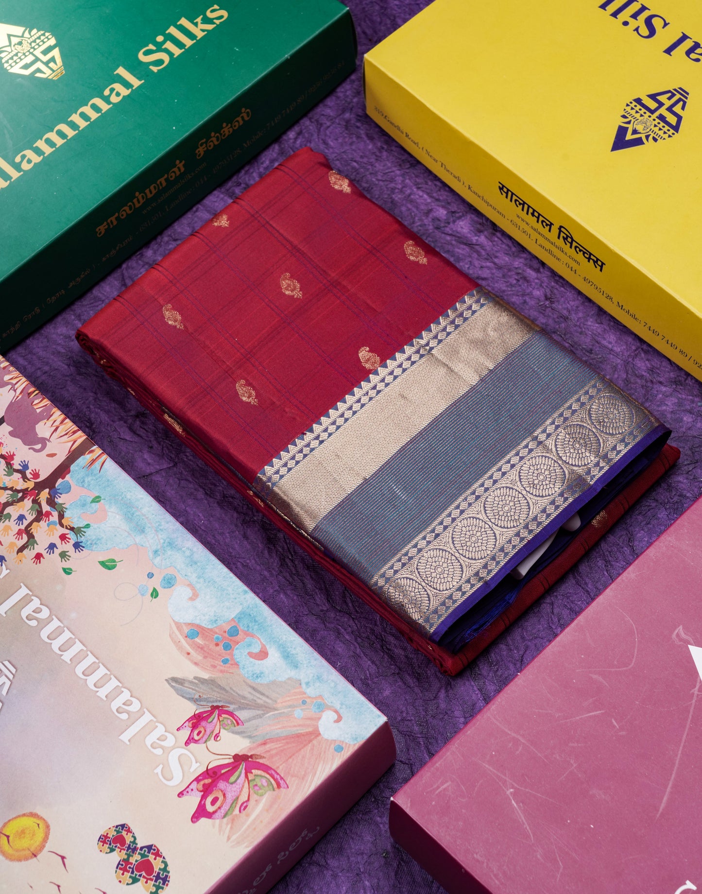 Beautiful Magenta Checks With Butta Pure Kanjivaram Silk Saree With Contrast Dual Tone Blue Traditional Border
