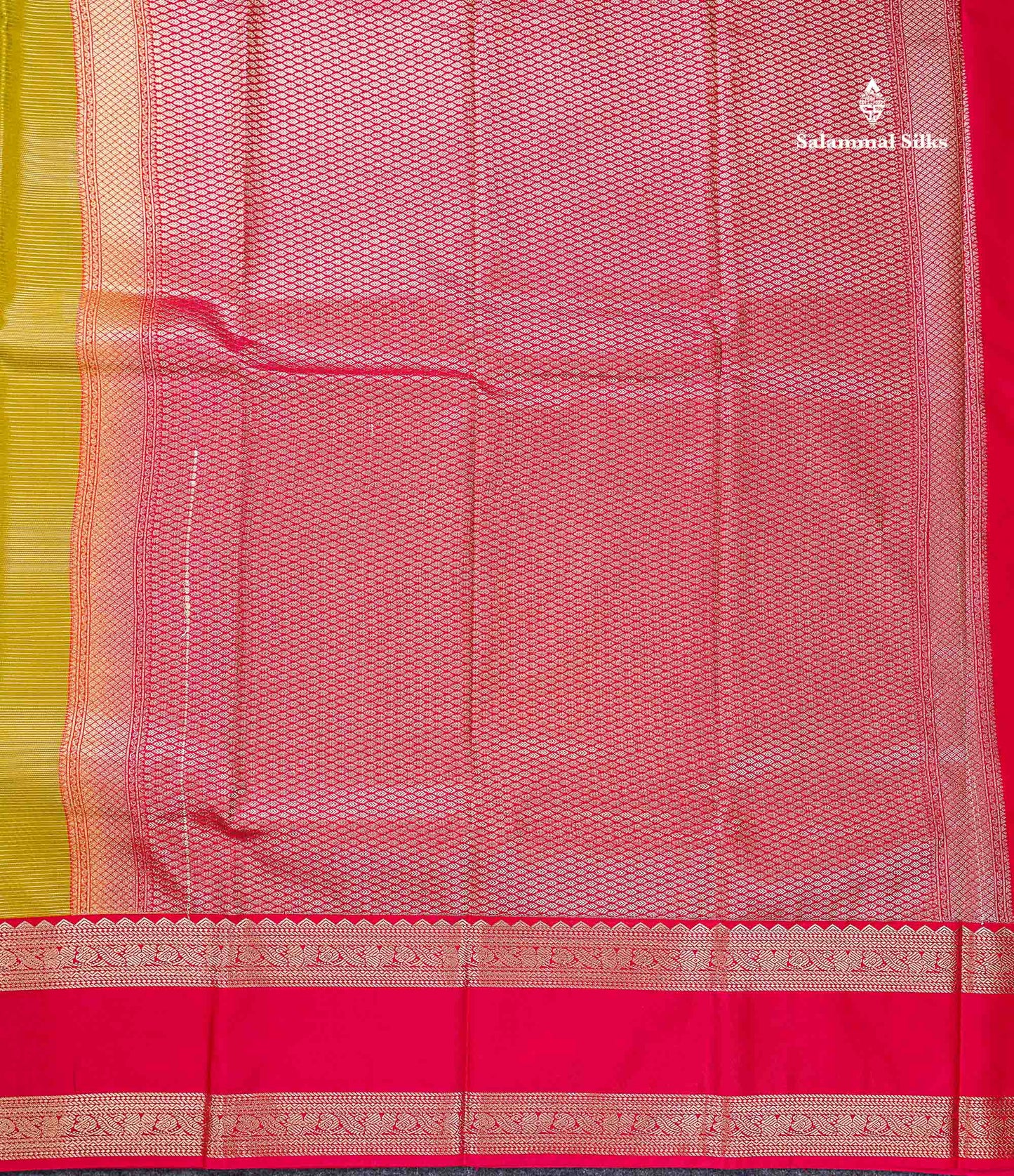 Beautiful Manthulir Yellow Alai Vaira Oosi Lines With Butta Semi Silk Saree With Contrast Pink Traditional Gap Border