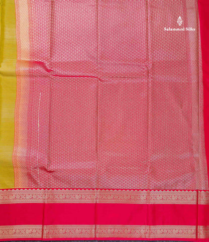 Beautiful Manthulir Yellow Alai Vaira Oosi Lines With Butta Semi Silk Saree With Contrast Pink Traditional Gap Border
