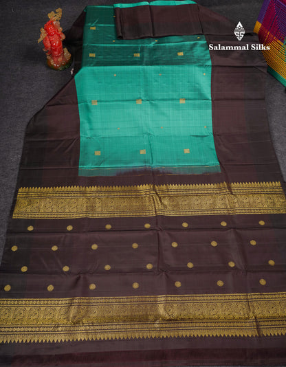 Beautiful Ramar Blue Pure Kanjivaram Silk Saree With Contrast Long Plain Dark Brown Border