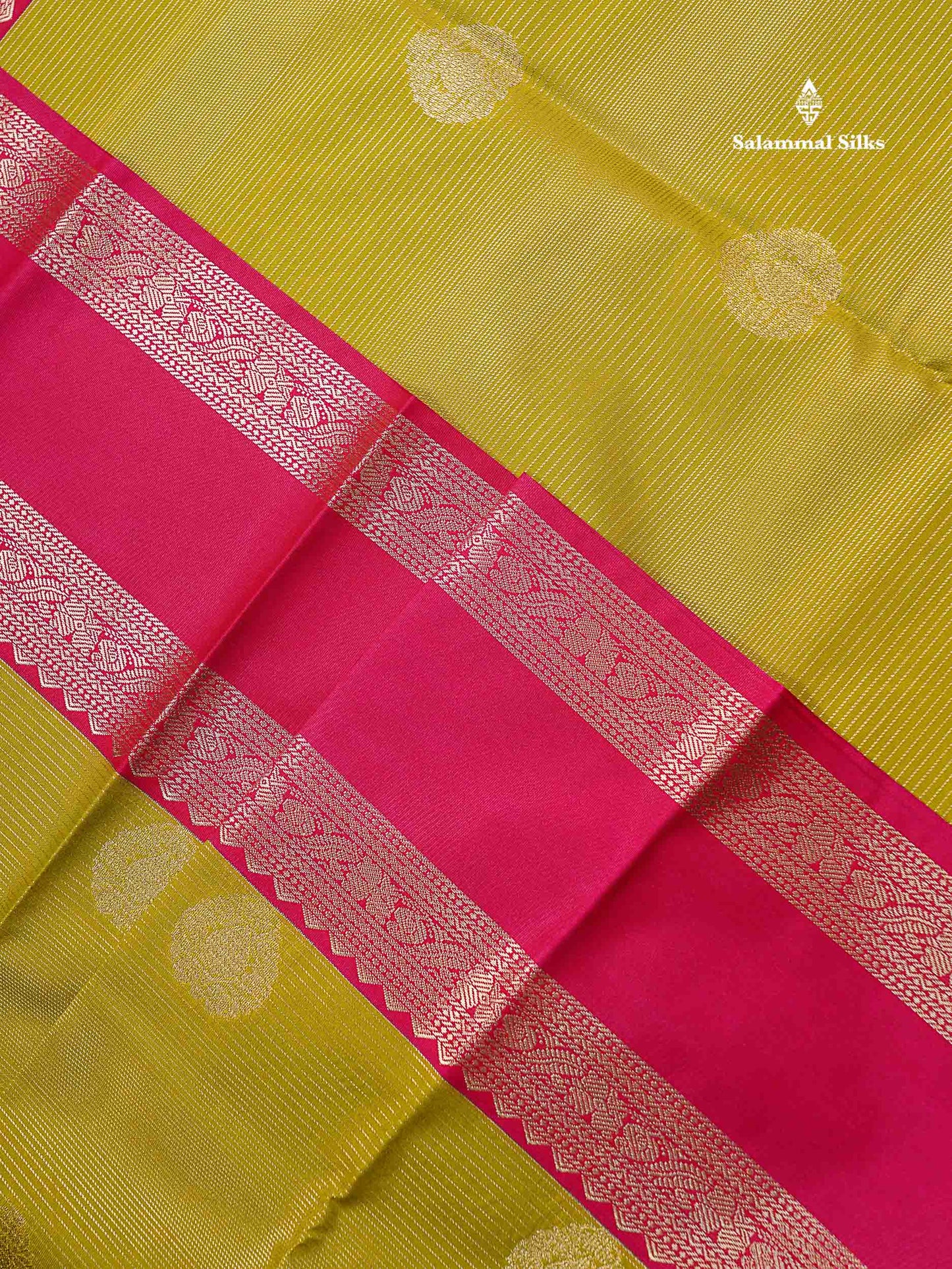 Beautiful Manthulir Yellow Alai Vaira Oosi Lines With Butta Semi Silk Saree With Contrast Pink Traditional Gap Border