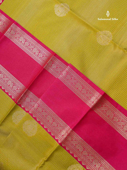 Beautiful Manthulir Yellow Alai Vaira Oosi Lines With Butta Semi Silk Saree With Contrast Pink Traditional Gap Border