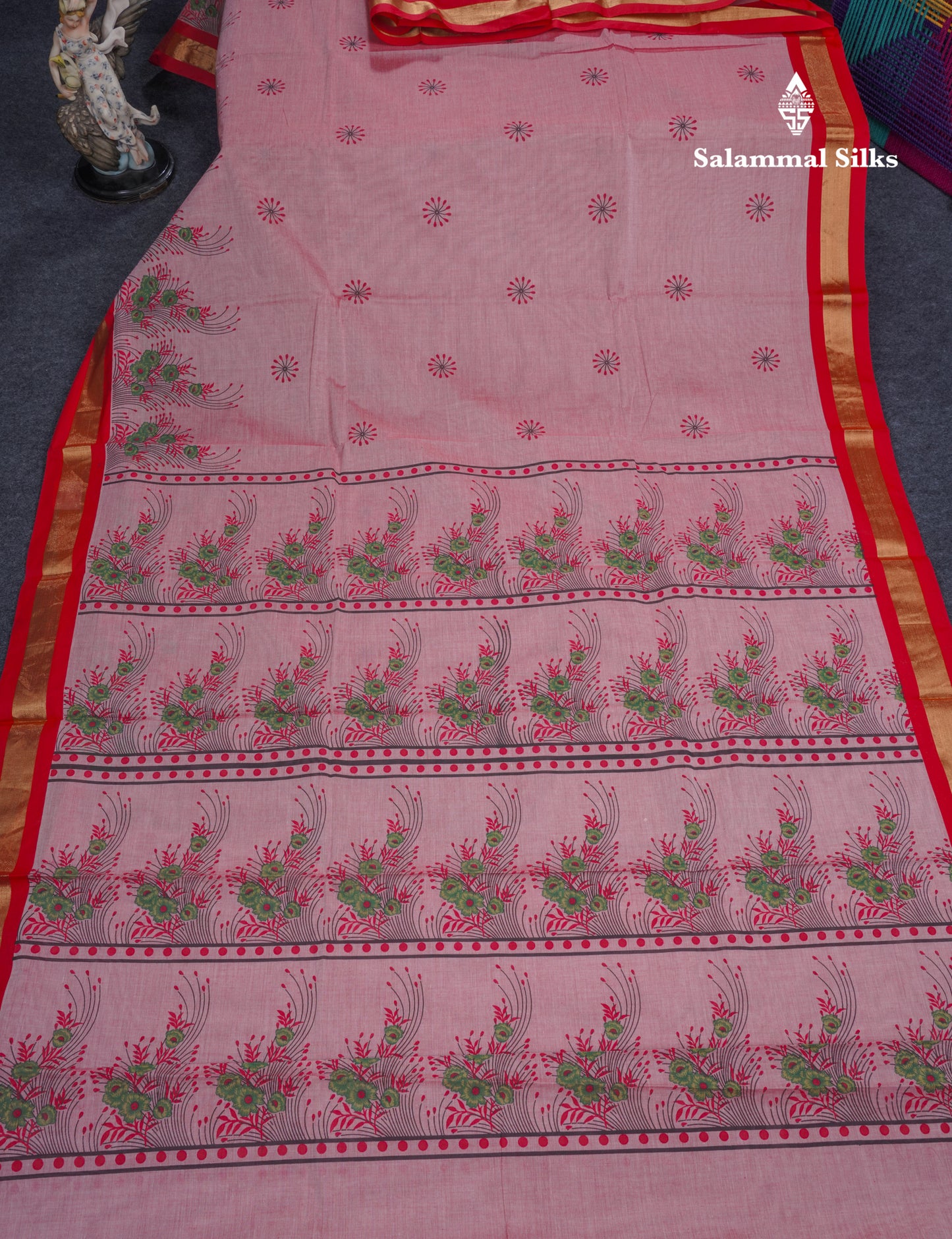 Onion Pink Printed Pure Cotton Saree With Contrast Chilly Red Border