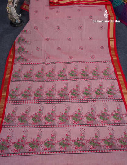 Onion Pink Printed Pure Cotton Saree With Contrast Chilly Red Border
