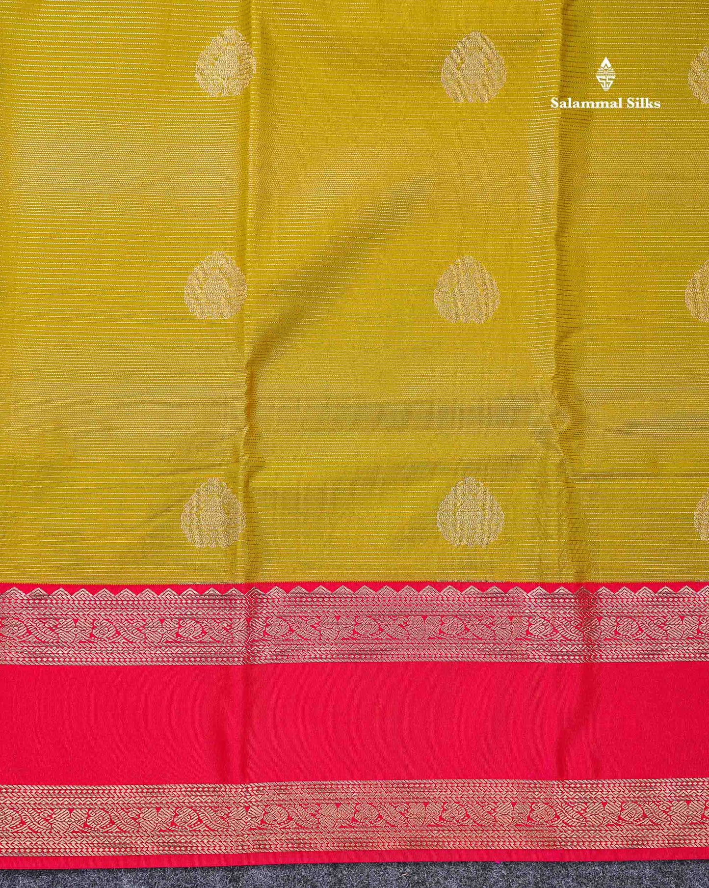 Beautiful Manthulir Yellow Alai Vaira Oosi Lines With Butta Semi Silk Saree With Contrast Pink Traditional Gap Border