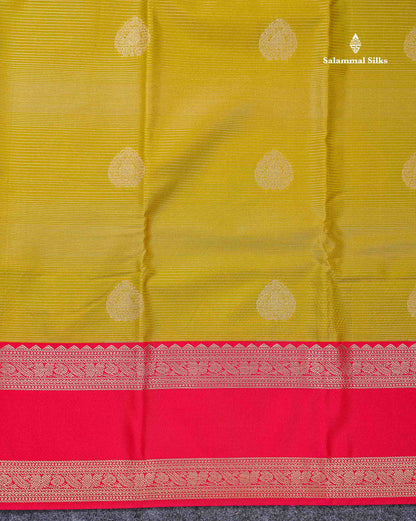 Beautiful Manthulir Yellow Alai Vaira Oosi Lines With Butta Semi Silk Saree With Contrast Pink Traditional Gap Border