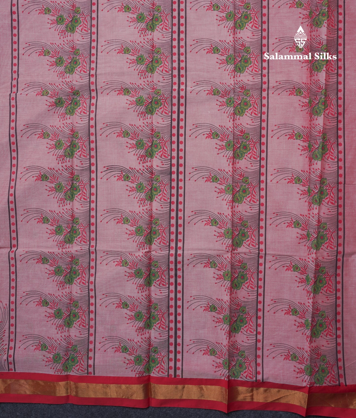 Onion Pink Printed Pure Cotton Saree With Contrast Chilly Red Border