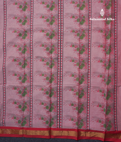 Onion Pink Printed Pure Cotton Saree With Contrast Chilly Red Border