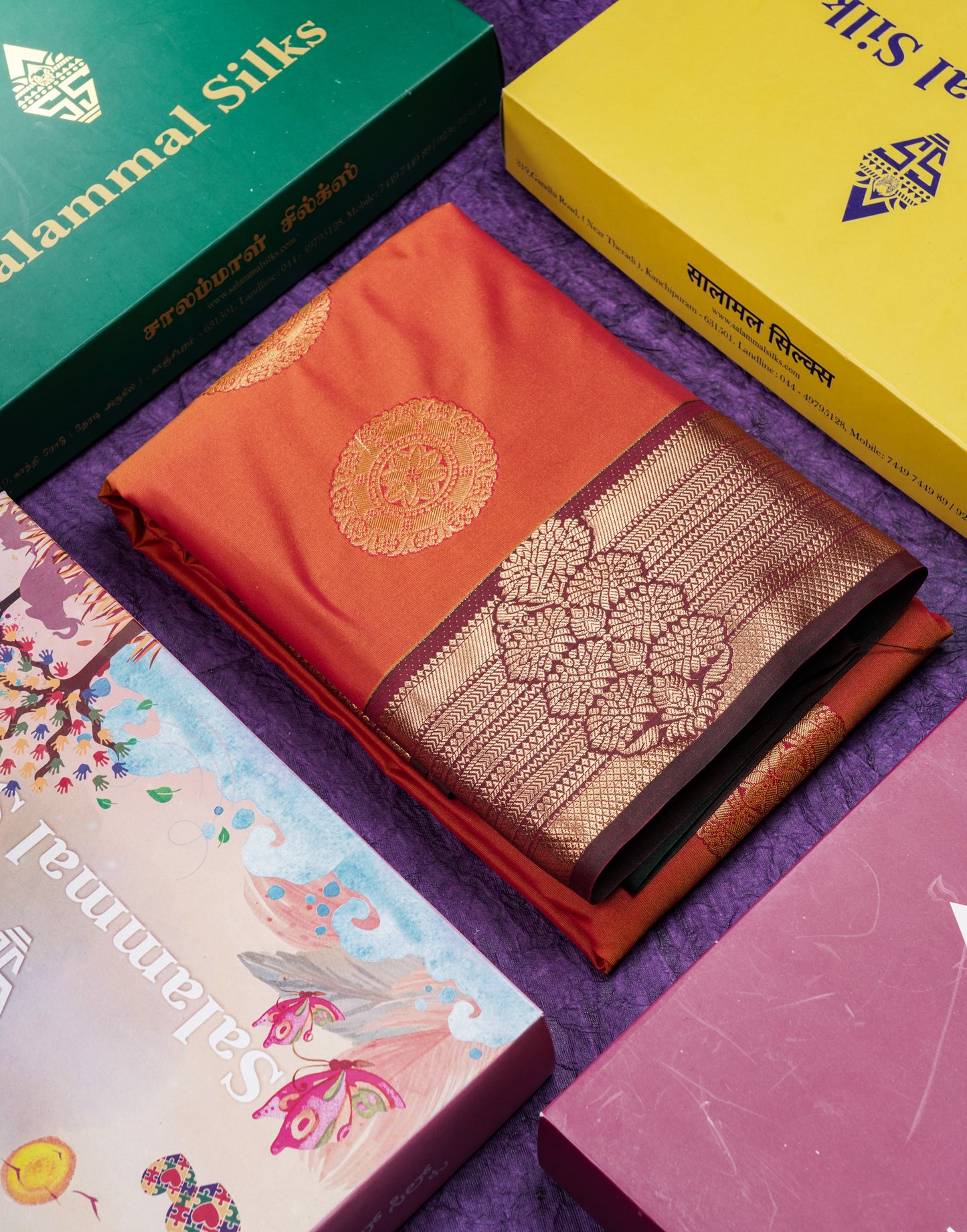 Beautiful Rust Orange Traditional Buttas Semi Silk Saree With Dark Maroon Border