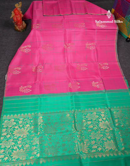 Beautiful Light Pink Big Checks Fancy Pure Kanjivaram Silk Saree With Contrast Sapphire Green Blouse