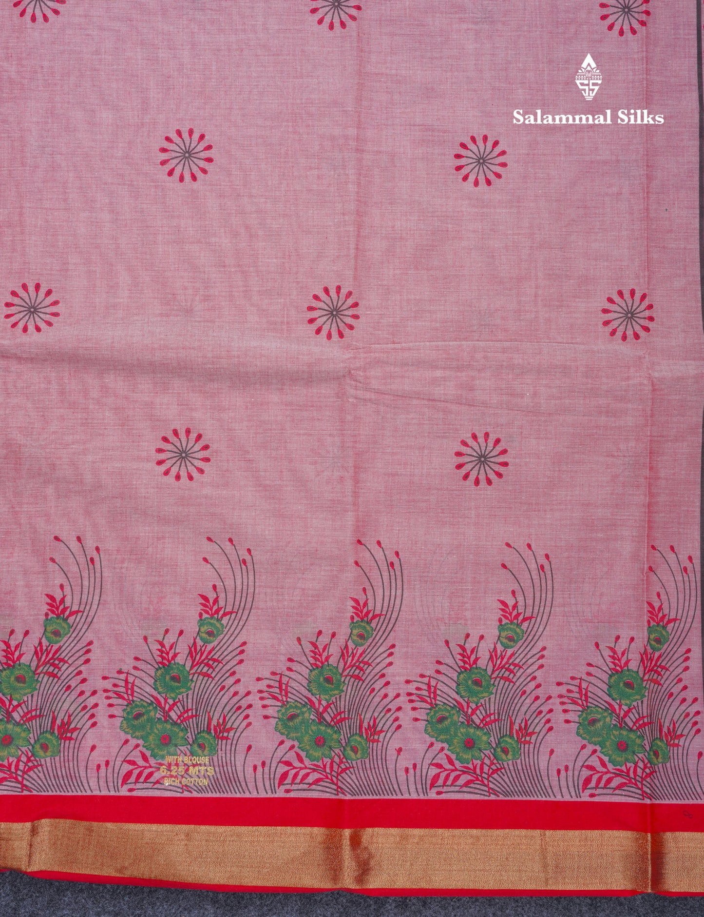 Onion Pink Printed Pure Cotton Saree With Contrast Chilly Red Border