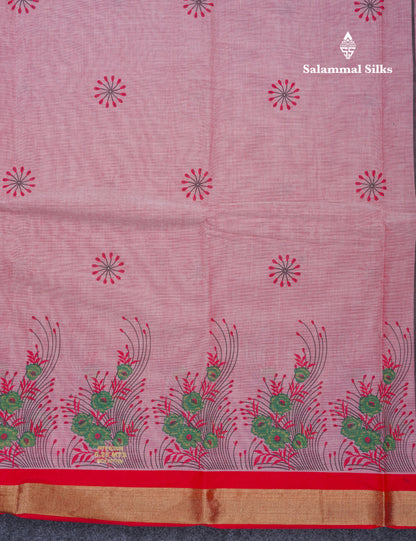 Onion Pink Printed Pure Cotton Saree With Contrast Chilly Red Border