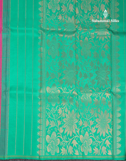 Beautiful Light Pink Big Checks Fancy Pure Kanjivaram Silk Saree With Contrast Sapphire Green Blouse