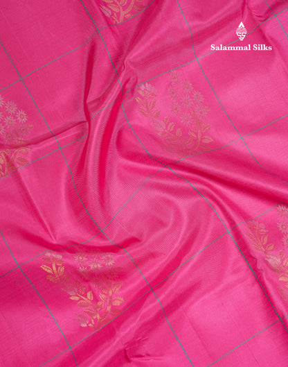 Beautiful Light Pink Big Checks Fancy Pure Kanjivaram Silk Saree With Contrast Sapphire Green Blouse