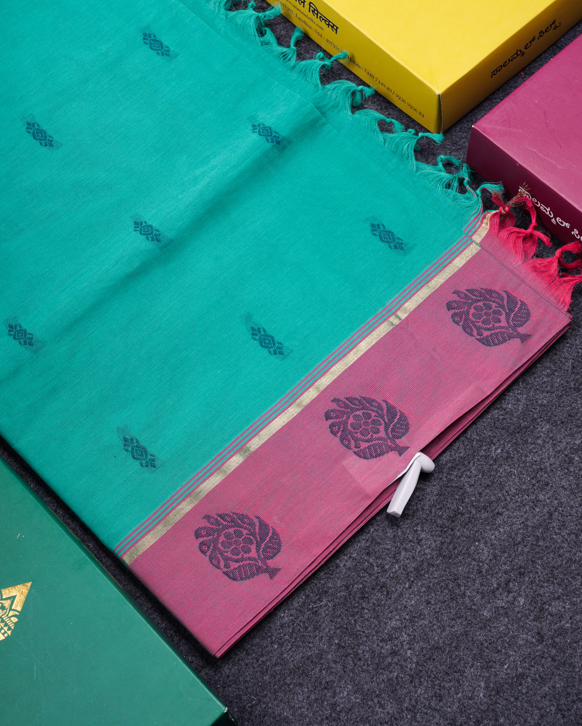 Beautiful Sapphire Green Thread Work Buttas Pure Cotton Saree With Contrast Light Violet Border