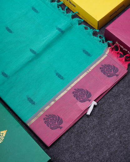 Beautiful Sapphire Green Thread Work Buttas Pure Cotton Saree With Contrast Light Violet Border