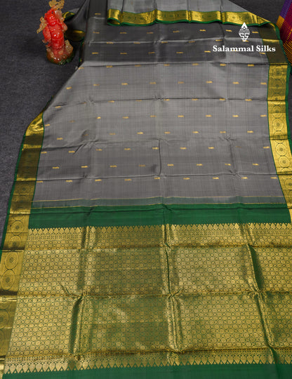 Beautiful Grey Pure Kanjivaram Silk Saree With Contrast Bottle Green Traditional Medium Border