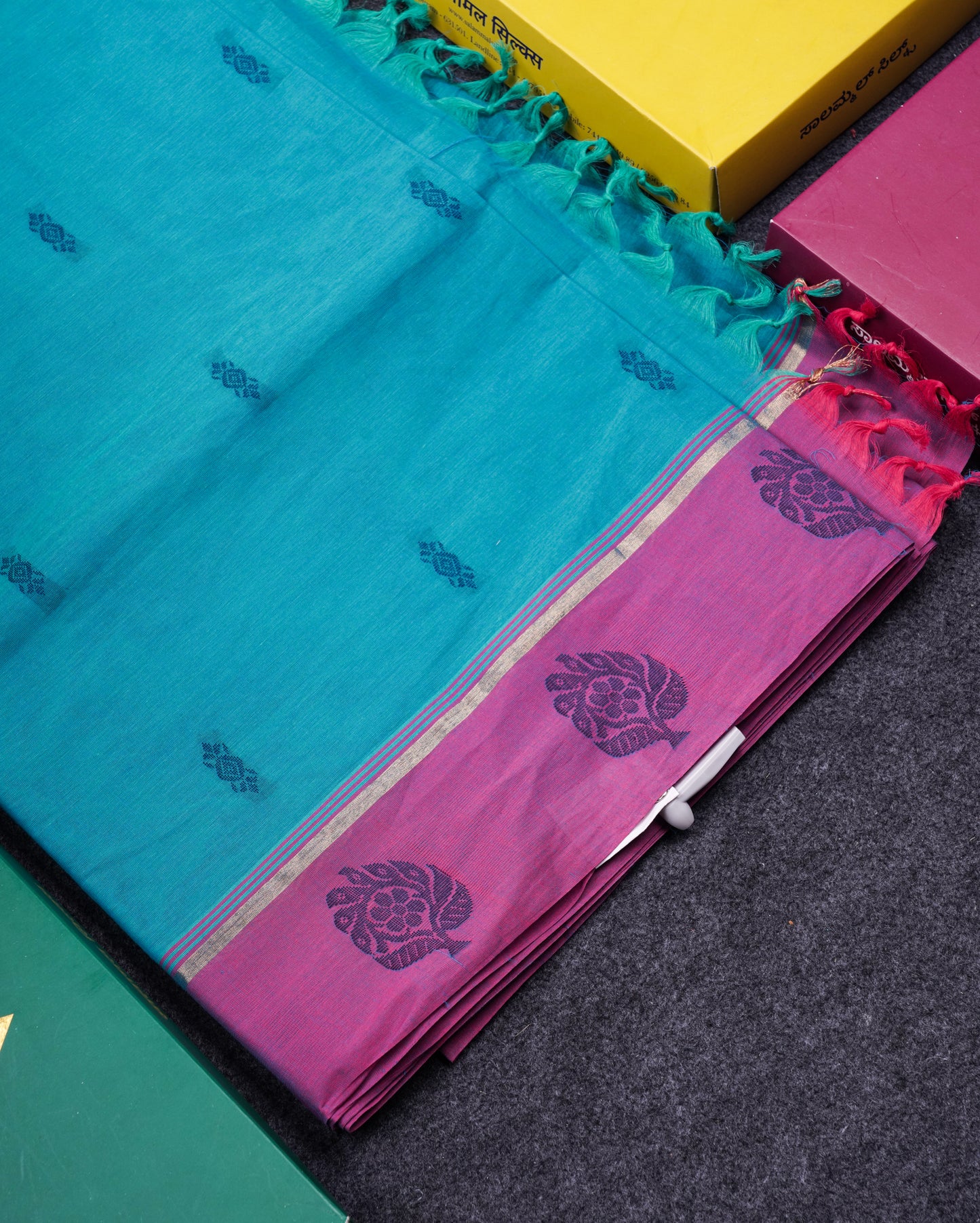Beautiful Ramar Blue Thread Work Buttas Pure Cotton Saree With Contrast Violet Border