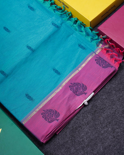 Beautiful Ramar Blue Thread Work Buttas Pure Cotton Saree With Contrast Violet Border