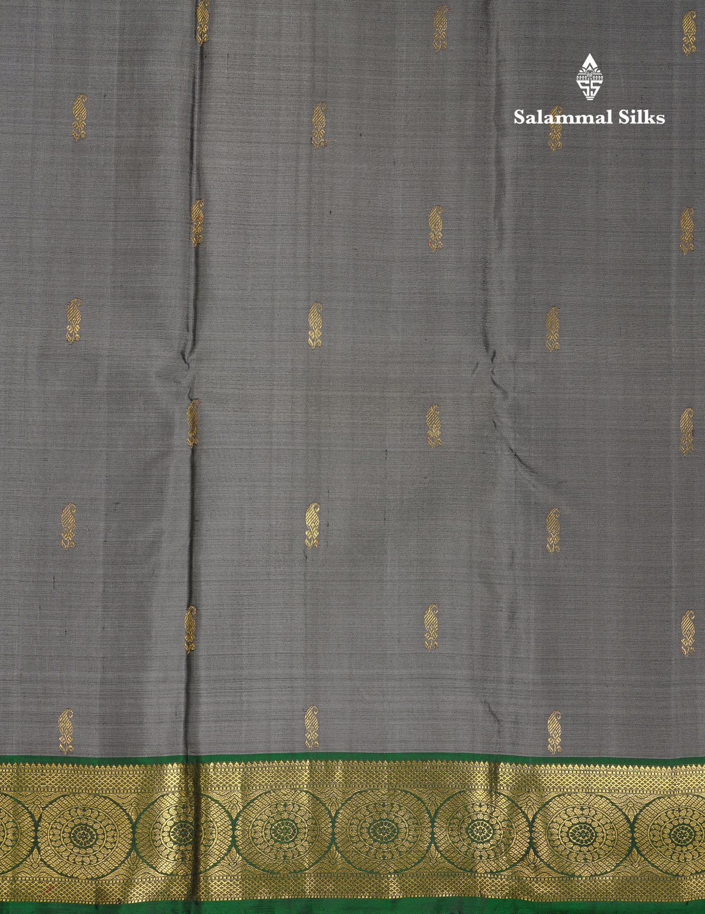 Beautiful Grey Pure Kanjivaram Silk Saree With Contrast Bottle Green Traditional Medium Border