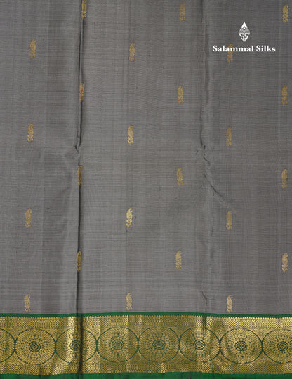 Beautiful Grey Pure Kanjivaram Silk Saree With Contrast Bottle Green Traditional Medium Border