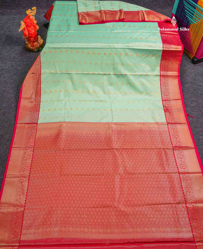 Beautiful Light Green Vaira Oosi Lines With Traditional Buttas Semi Silk Saree With Contrast Pink Traditional Border