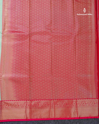Beautiful Light Green Vaira Oosi Lines With Traditional Buttas Semi Silk Saree With Contrast Pink Traditional Border