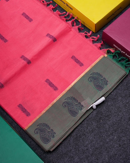 Beautiful Pink Thread Work Buttas Pure Cotton Saree With Contrast Dual Tone Green Border