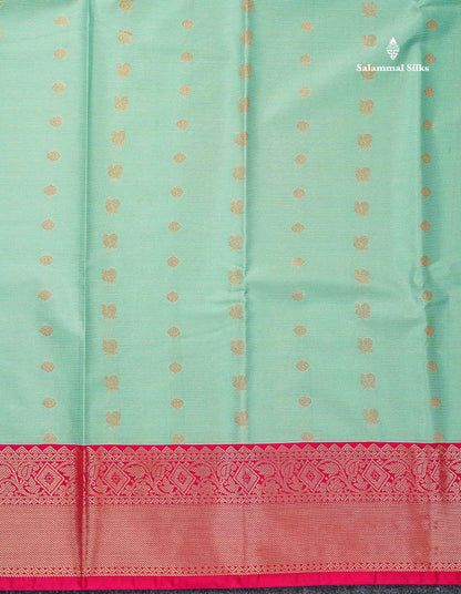 Beautiful Light Green Vaira Oosi Lines With Traditional Buttas Semi Silk Saree With Contrast Pink Traditional Border