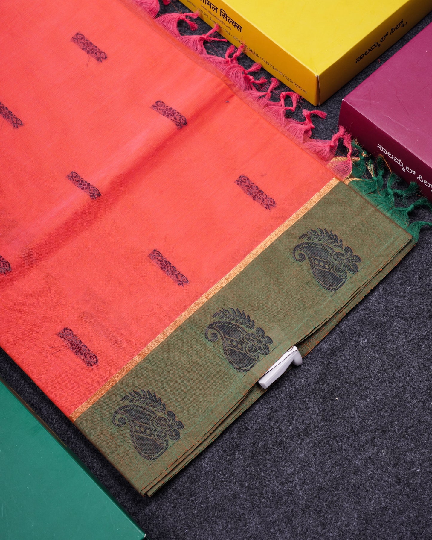 Beautiful Pinkish Orange Thread Work Buttas Pure Cotton Saree With Contrast Dual Tone Green Border