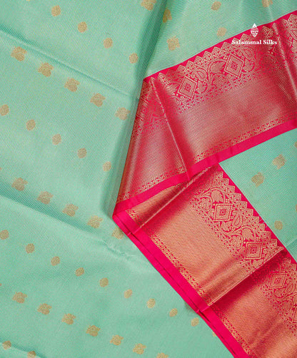 Beautiful Light Green Vaira Oosi Lines With Traditional Buttas Semi Silk Saree With Contrast Pink Traditional Border