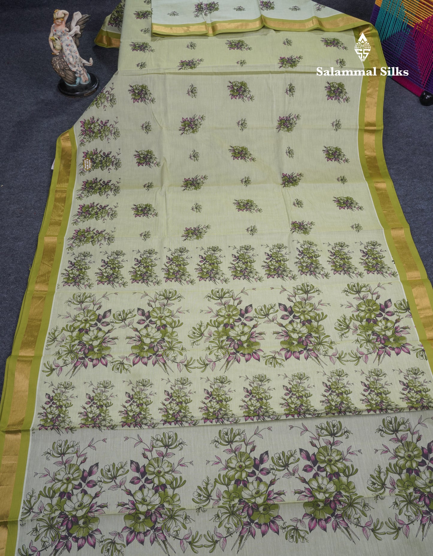 Light Elaichi Green Printed Pure Cotton Saree With Contrast Parrot Green Small Border