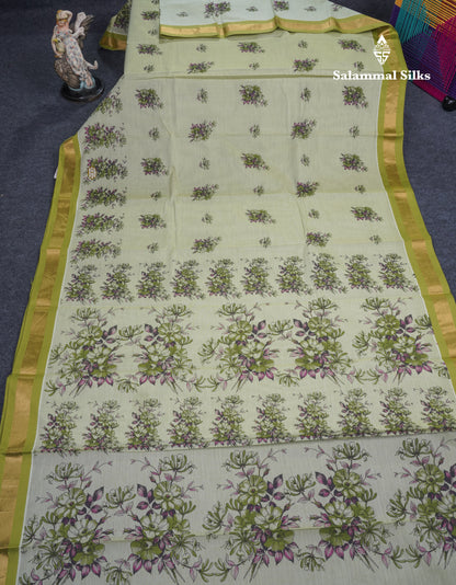 Light Elaichi Green Printed Pure Cotton Saree With Contrast Parrot Green Small Border