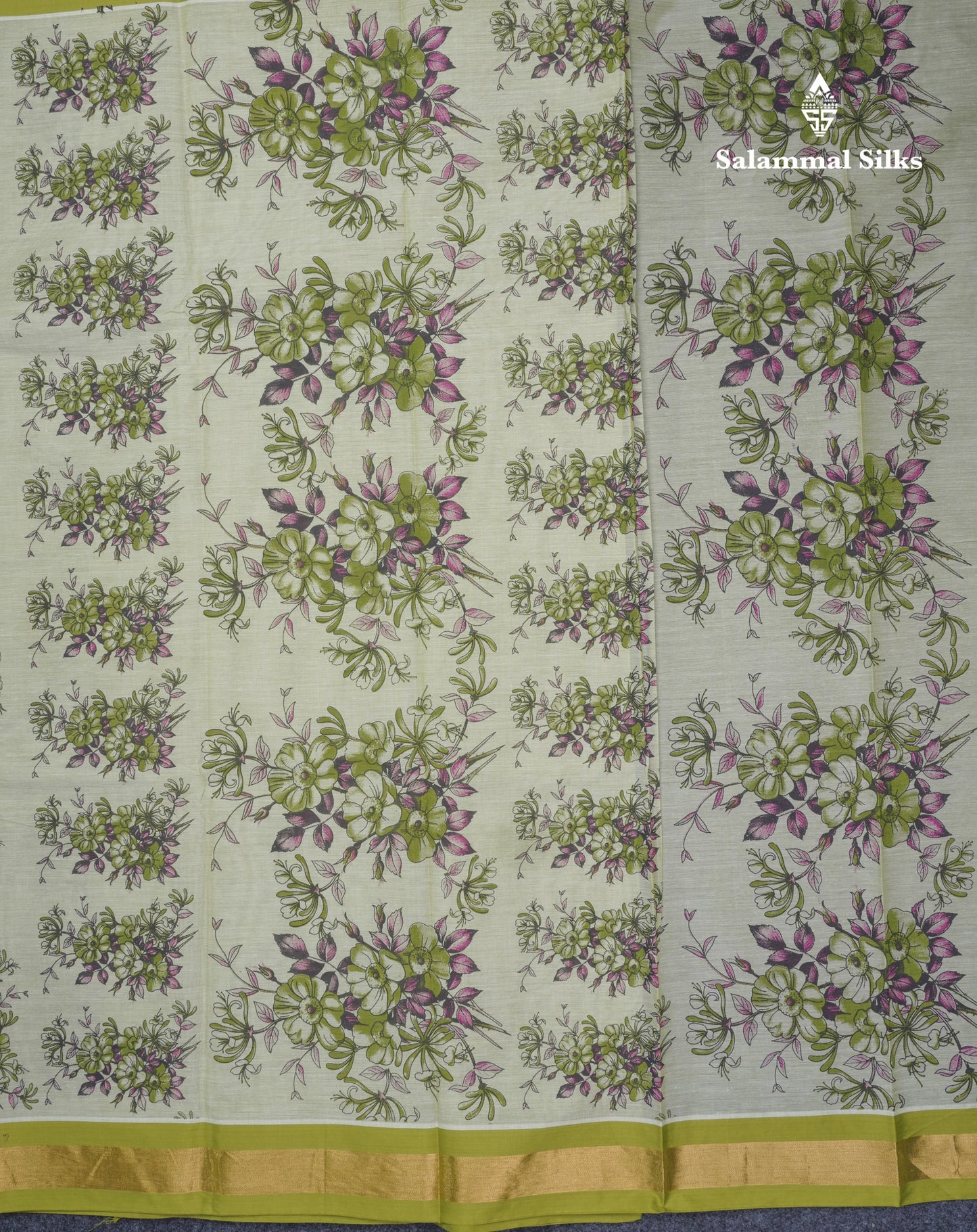 Light Elaichi Green Printed Pure Cotton Saree With Contrast Parrot Green Small Border