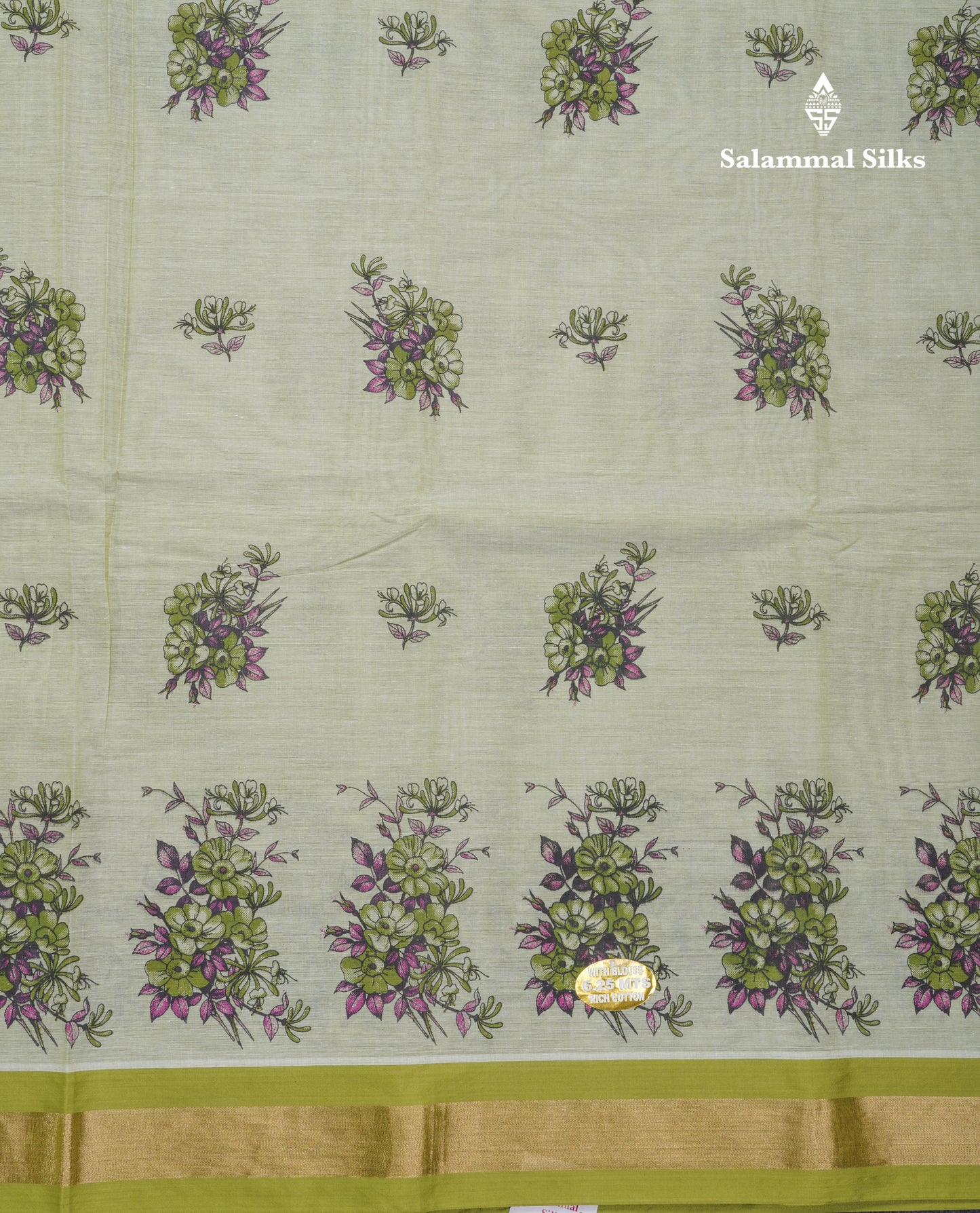 Light Elaichi Green Printed Pure Cotton Saree With Contrast Parrot Green Small Border