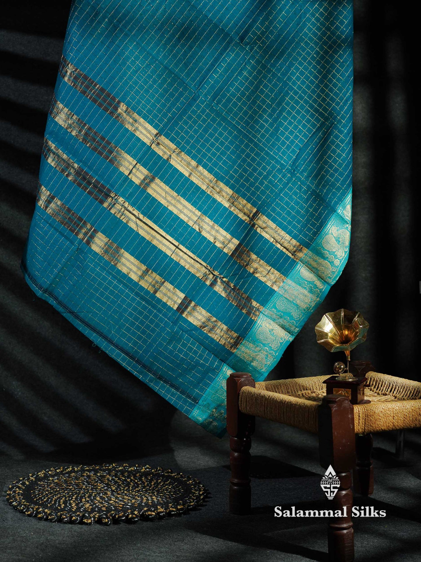 Beautiful Peacock Blue Traditional Checks Chettinad Pure Cotton Saree With Ramar Blue Border