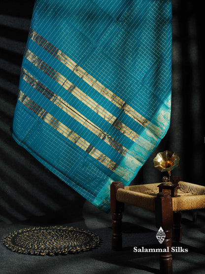 Beautiful Peacock Blue Traditional Checks Chettinad Pure Cotton Saree With Ramar Blue Border