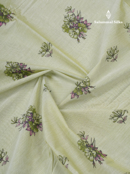 Light Elaichi Green Printed Pure Cotton Saree With Contrast Parrot Green Small Border