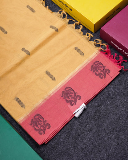 Beautiful Yellow Thread Work Buttas Pure Cotton Saree With Contrast Magenta Pink Border