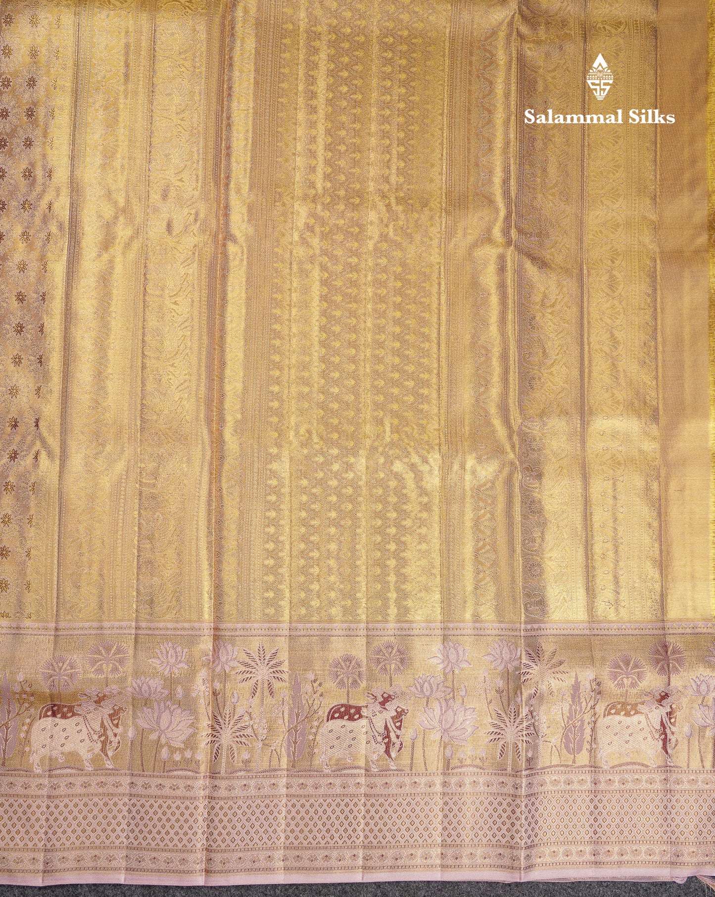Beautiful Cream Tissue Bridal Pure Kanjivaram Silk Saree With Contrast Light Lavender Pichwai Art Border