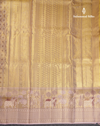 Beautiful Cream Tissue Bridal Pure Kanjivaram Silk Saree With Contrast Light Lavender Pichwai Art Border