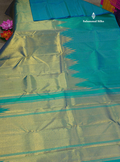Peacock Blue Traditional Vairaoosi Checks Pure 8 Kol Kanjivaram Silk Saree With Rising Temple Border