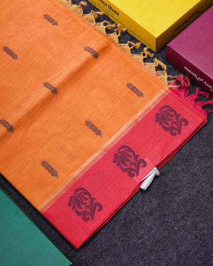 Beautiful Fanta Orange Thread Work Buttas Pure Cotton Saree With Contrast Magenta Pink Border