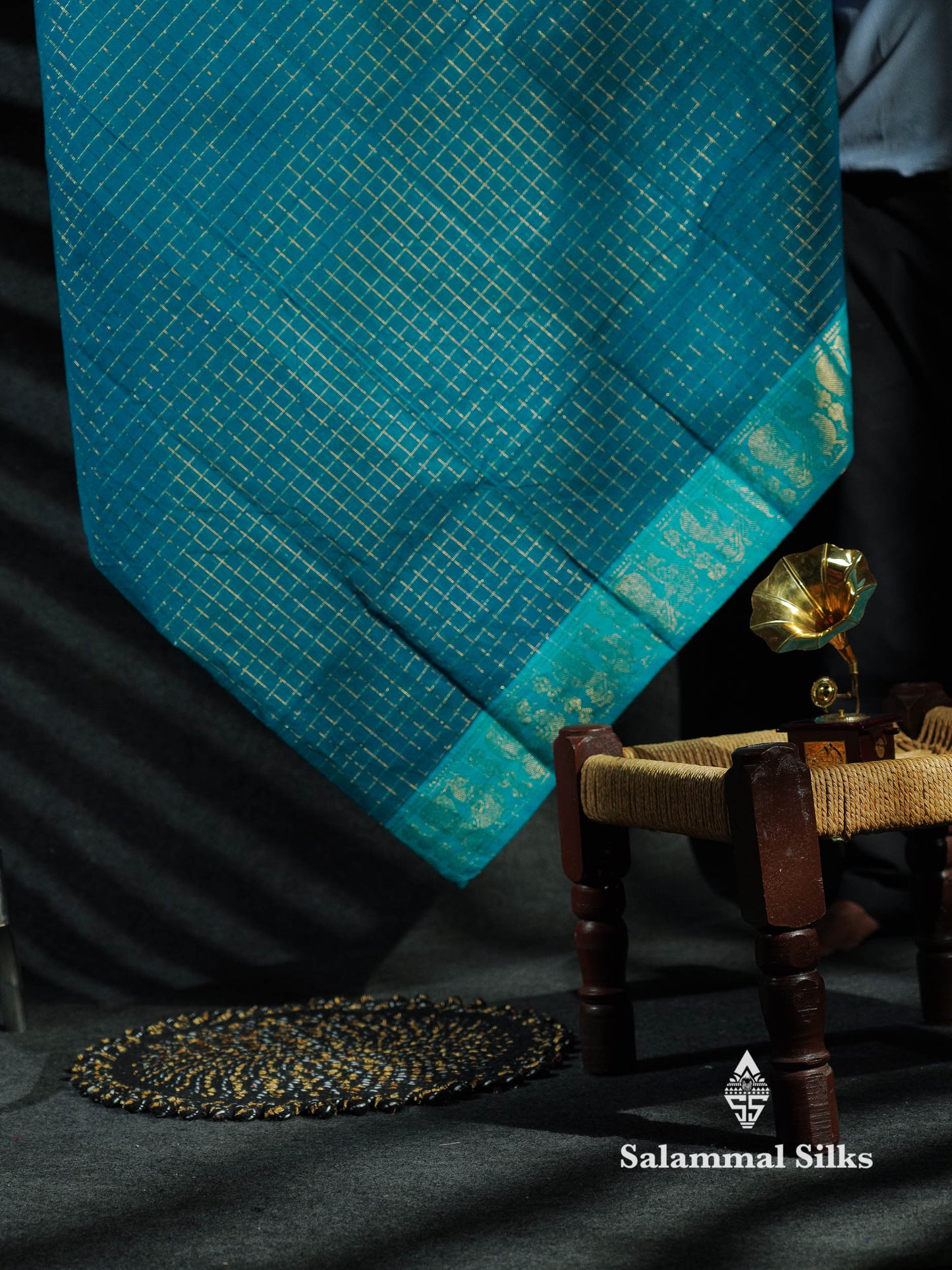 Beautiful Peacock Blue Traditional Checks Chettinad Pure Cotton Saree With Ramar Blue Border